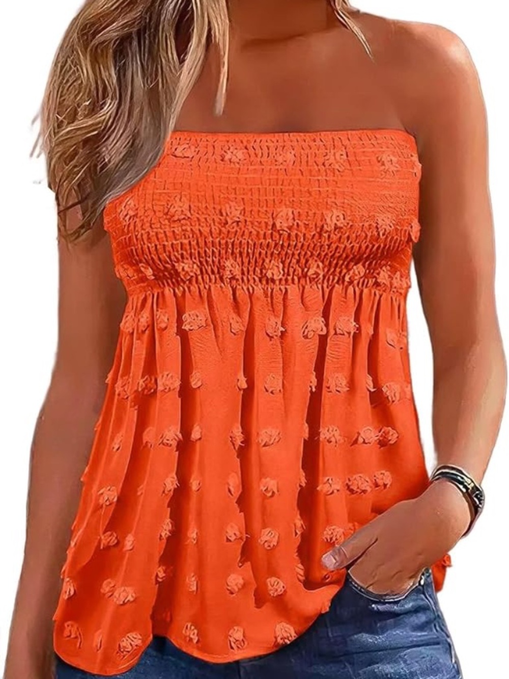 Flamingals Solid Swiss Dot Shirred Tube Top Orange size medium-NEW WITH TAGS
